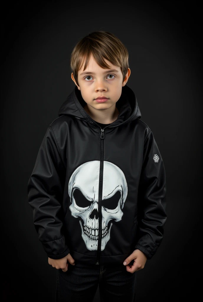 Take me a picture of a 1 boy with a black jacket on his chest, the comic skull in Black Background 