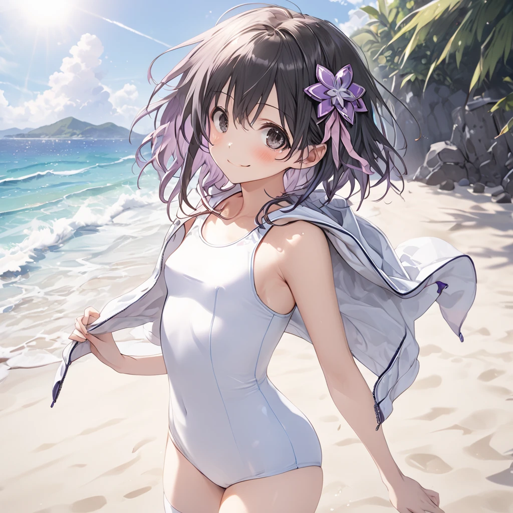 ( 1 girl), black hair, black eyes,short hair ,sidelocks,smile,blush, ( small tits:1.5), hoodie、(white school swimsuit:1.5),(Thighs:1.5),(white thigh high :1.5),stand、sea、 sandy beach、front、 cowboy shot、( perfect anatomy ),( best quality), ( ultra hi-res), (超 high definition ), ( Highly Detailed CG), (32K), (masterpiece)、eyesHD、break,Nepgear,