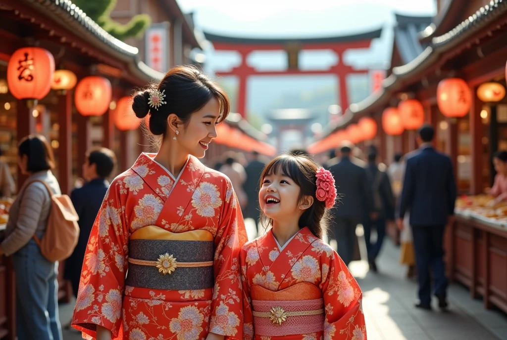 1girl, a young female news reporter in a traditional japanese kimono exploring and introducing a bustling night market, many food stalls and open kitchens with delicious dishes, japanese new year celebration, crowded street scene, shinto shrine, concept art, wide shot photograph,  Focus on food stall