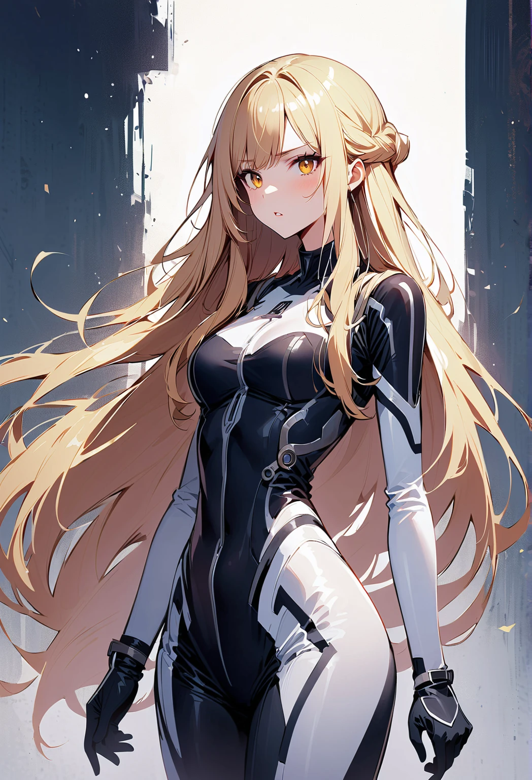  1 girl, Alone, Blonde,  long hair,  yellow eyes,  Standing as book hair  ,  Staring at the Audience , very  long hair,  bodysuit, shut up , , chest,Random Background、

