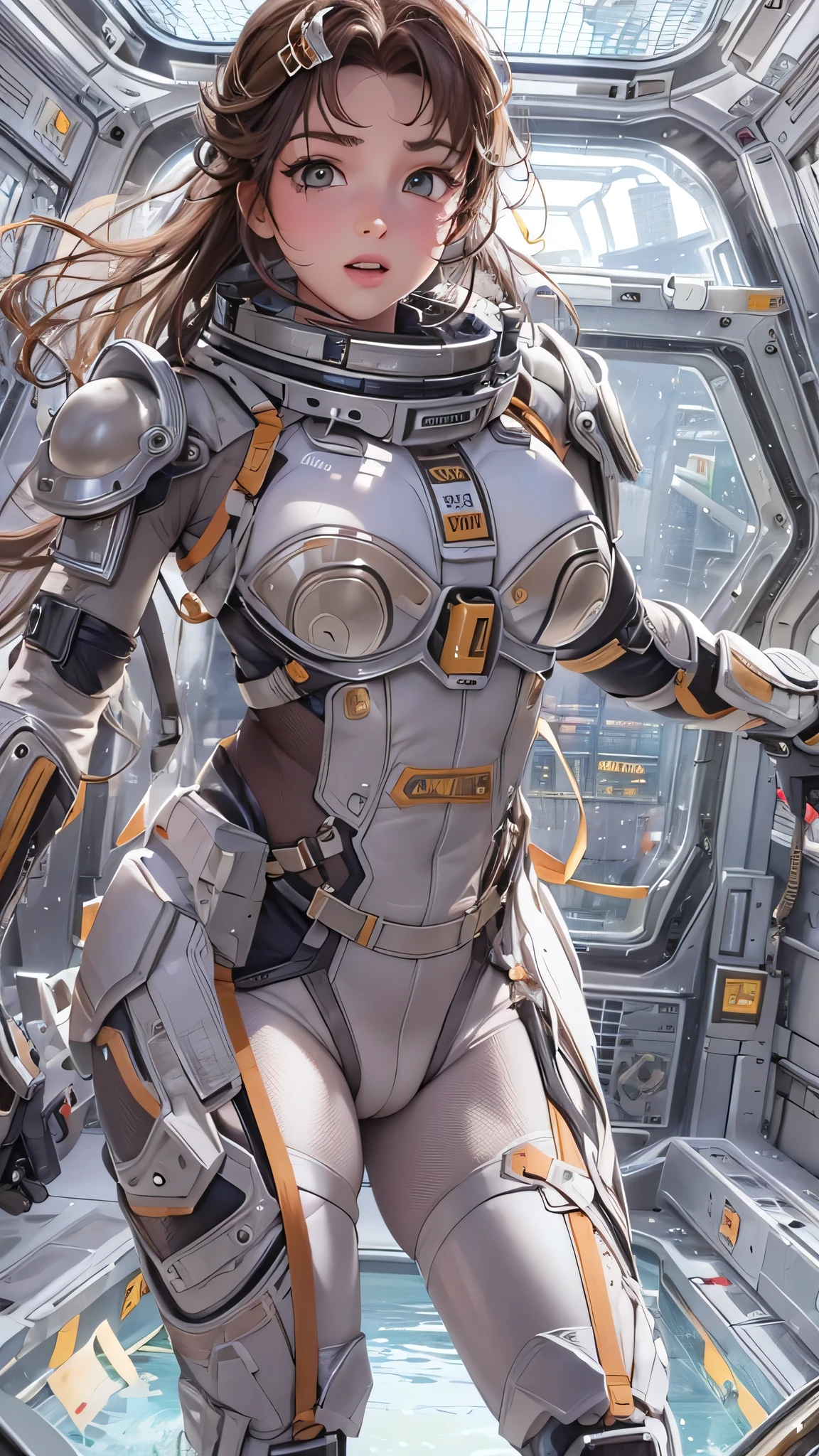 (( top quality )), (masterpiece)), ( Details: 1.4), 3d, An absurd resolution,  high res, (masterpiece: 1.4),  ULTRA DETAIL, 1 beautiful girl, Future woman image, Shiny brown hair,  beautiful brown eyes,  beautiful faces, 20 years old, Spaceship, floating,  small, Space Suit, Spaceship,  window, future,  dynamic pose , Costume Change