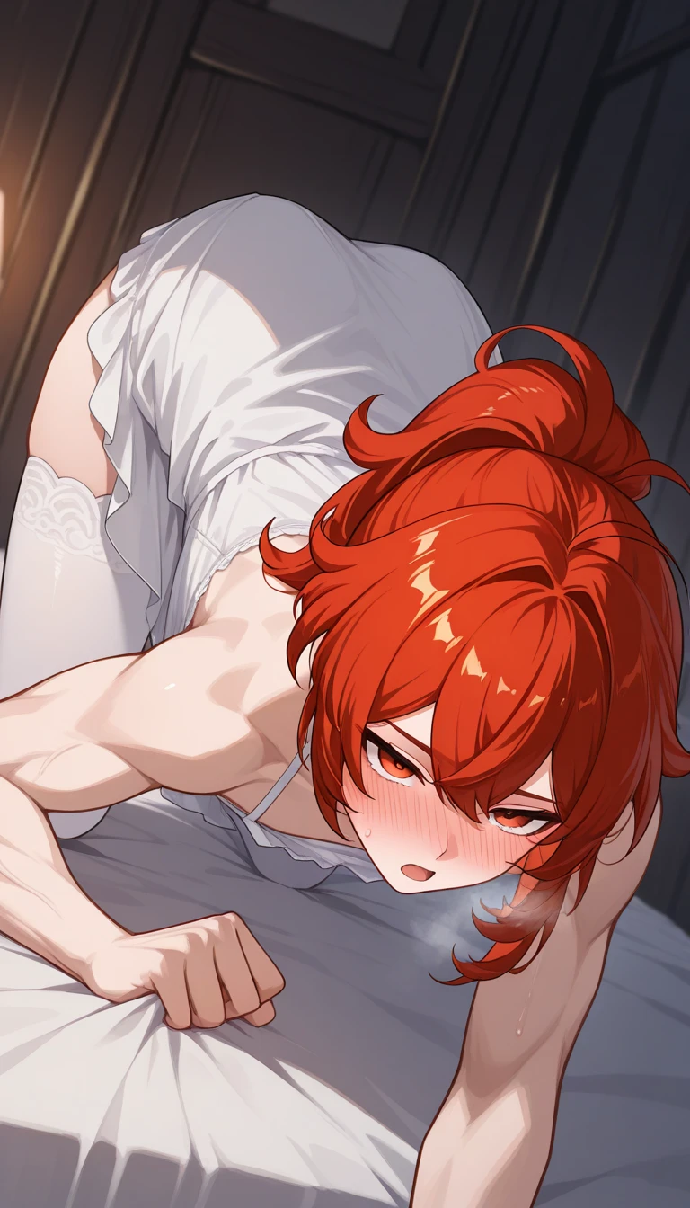 masterpiece, best quality, diluc (genshin impact), 1boy, long hair, red hair, red eyes, male focus, solo, ponytail, bangs, hair between eyes, vibrant red hair, saturated quality red hair, wibrant quality image, shy, coy, bed, thigh high legwarmers, stir ups, thigh high stockings huggings thighs, soft thighs, blushing, on all fours, crouching, crawling, wearing thin white night gown, short nightgown, white thin clothes, flustered, flat chest, medium lighting, high quality, tall height, tall, muscular arms, muscular shoulders, biceps, long legs, broad shoulders, stern, defined nose, defined mouth, open mouth, bend over, ahegao, up angle, top angle, looking at camera, hot breath, breath, breathing