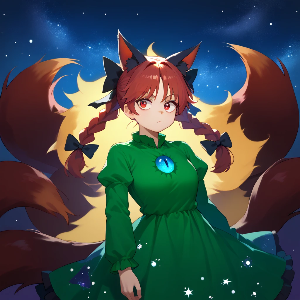 reiuji utsuho, starry sky print cape, arm cannon, third eye, kaenbyou rin, twin braids, hair bow, black bow, animal ears, cat tail, multiple tails, green dress, long sleeves, puffy sleeves, body fusion, huge boobs