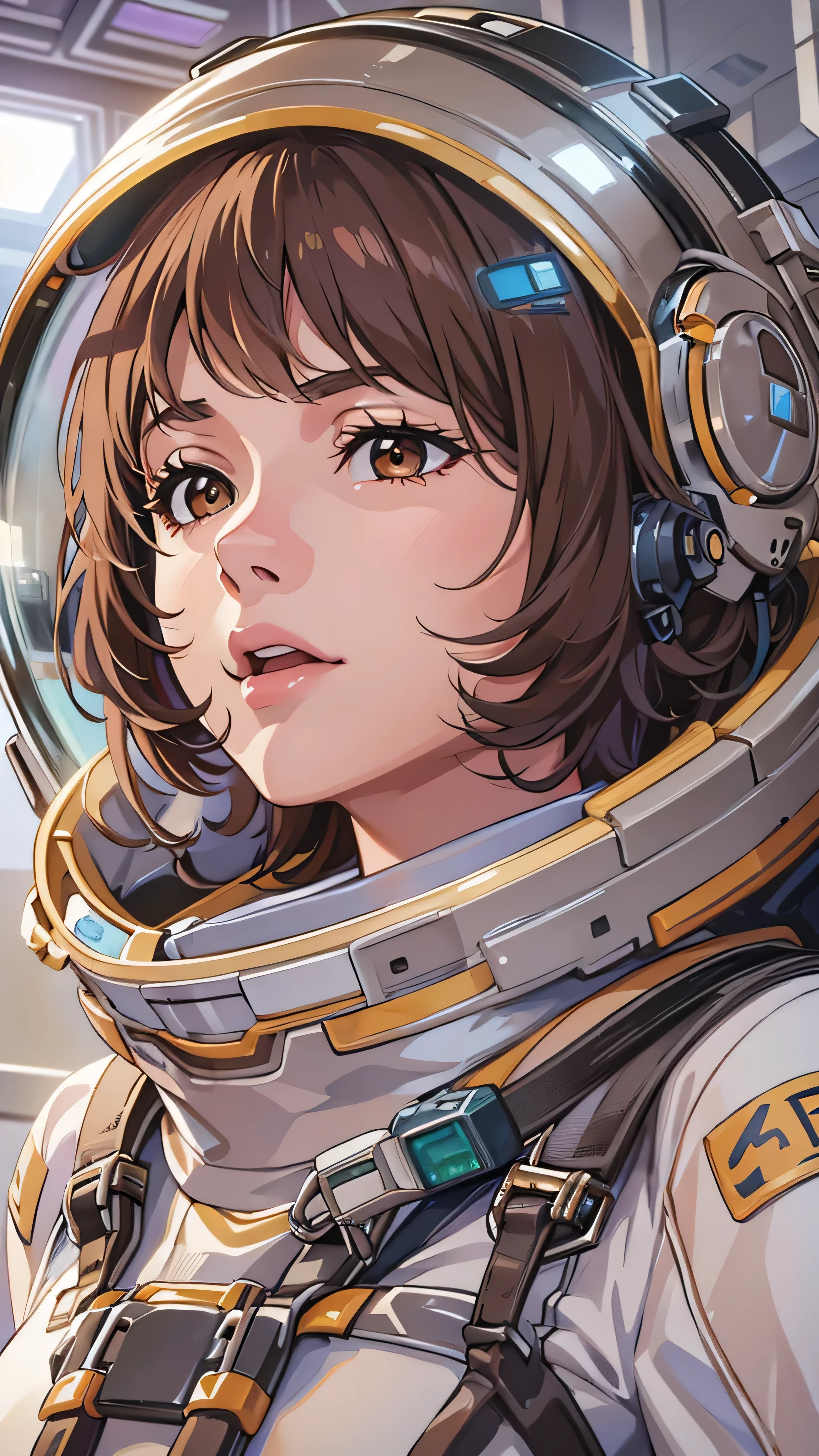 (( top quality )), (masterpiece)), ( Details: 1.4), 3d, An absurd resolution, high res, (masterpiece: 1.4), ULTRA DETAIL, 1 beautiful girl, Future woman image, Shiny brown hair, beautiful brown eyes, beautiful faces, 20 years old, Spaceship, floating, small, Space Suit, Spaceship, window, future, dynamic pose , Costume Change
