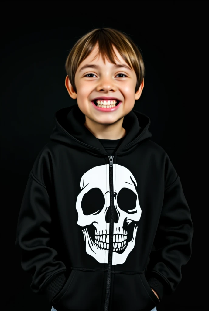 Take me a picture of a happy 1 boy with a black jacket on his chest, the comic skull in Black Background 