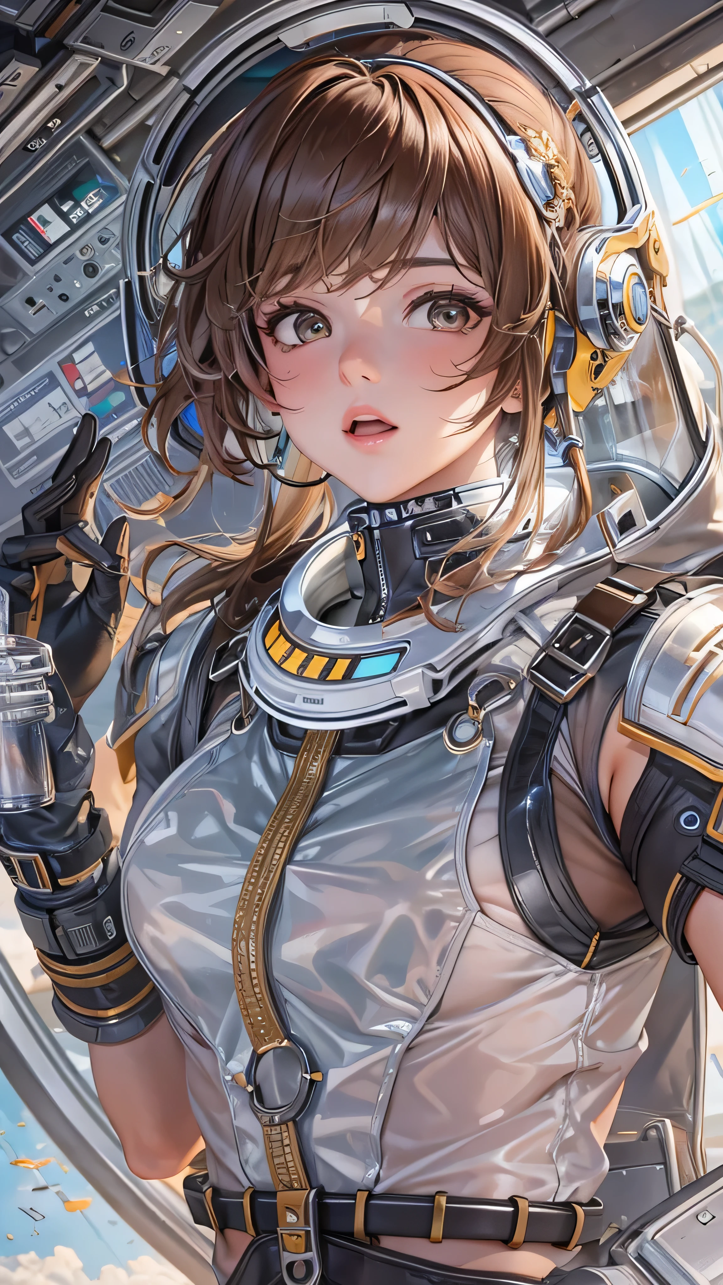 (( top quality )), (masterpiece)), ( Details: 1.4), 3d, An absurd resolution,  high res, (masterpiece: 1.4),  ULTRA DETAIL, 1 beautiful girl, Future woman image, Shiny brown hair,  beautiful brown eyes,  beautiful faces, 20 years old, Spaceship, floating,  small, Space Suit, Spaceship,  window, future,  dynamic pose , Costume Change