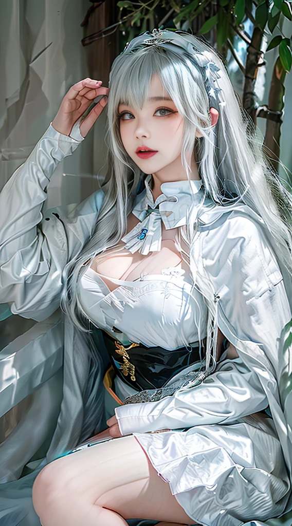 realistic, High resolution, 1 female, glowing skin, alone, wide lips,long hair,wavy hair, closed mouth, hip up,saggy breasts,small face,Anime character cosplay,Cosplayers,Costume costumes,Fantasy space,white hair,Color Contacts