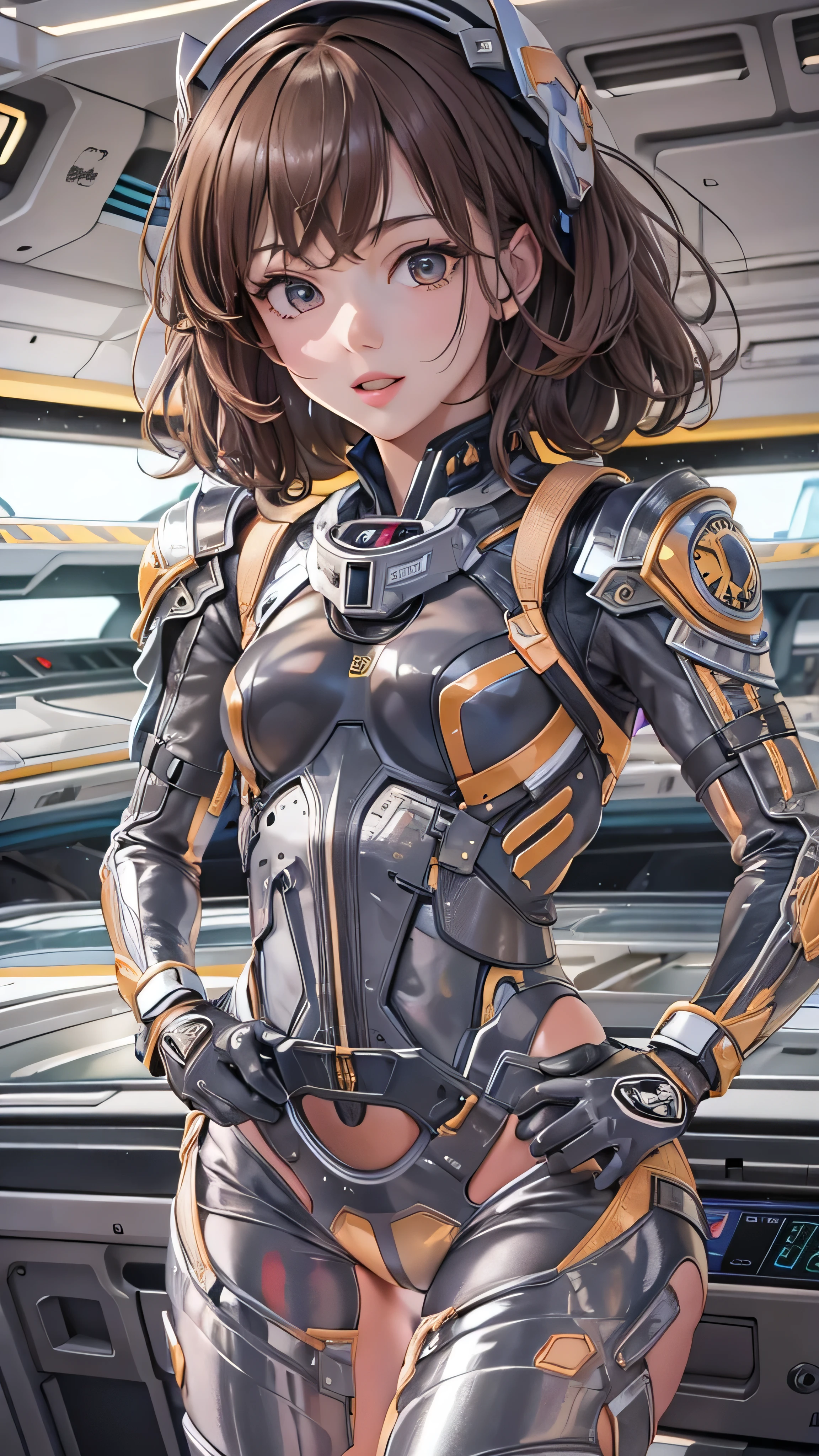 (( top quality )), (masterpiece)), ( Details: 1.4), 3d, An absurd resolution,  high res, (masterpiece: 1.4),  ULTRA DETAIL, 1 beautiful girl, Future woman image, Shiny brown hair,  beautiful brown eyes,  beautiful faces, 20 years old, Spaceship, floating,  small, Space Suit, Spaceship,  window, future,  dynamic pose , Costume Change