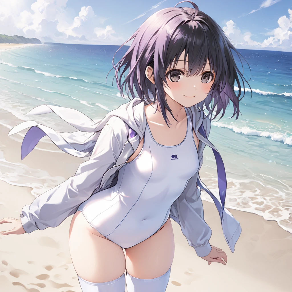 ( 1 girl), black hair, black eyes,short hair ,sidelocks,smile,blush, ( small tits:1.5), hoodie、(white school swimsuit:1.5),(Thighs:1.5),(white thigh high :1.5),stand、sea、 sandy beach、front、 cowboy shot、( perfect anatomy ),( best quality), ( ultra hi-res), (超 high definition ), ( Highly Detailed CG), (32K), (masterpiece)、eyesHD、break,Nepgear,