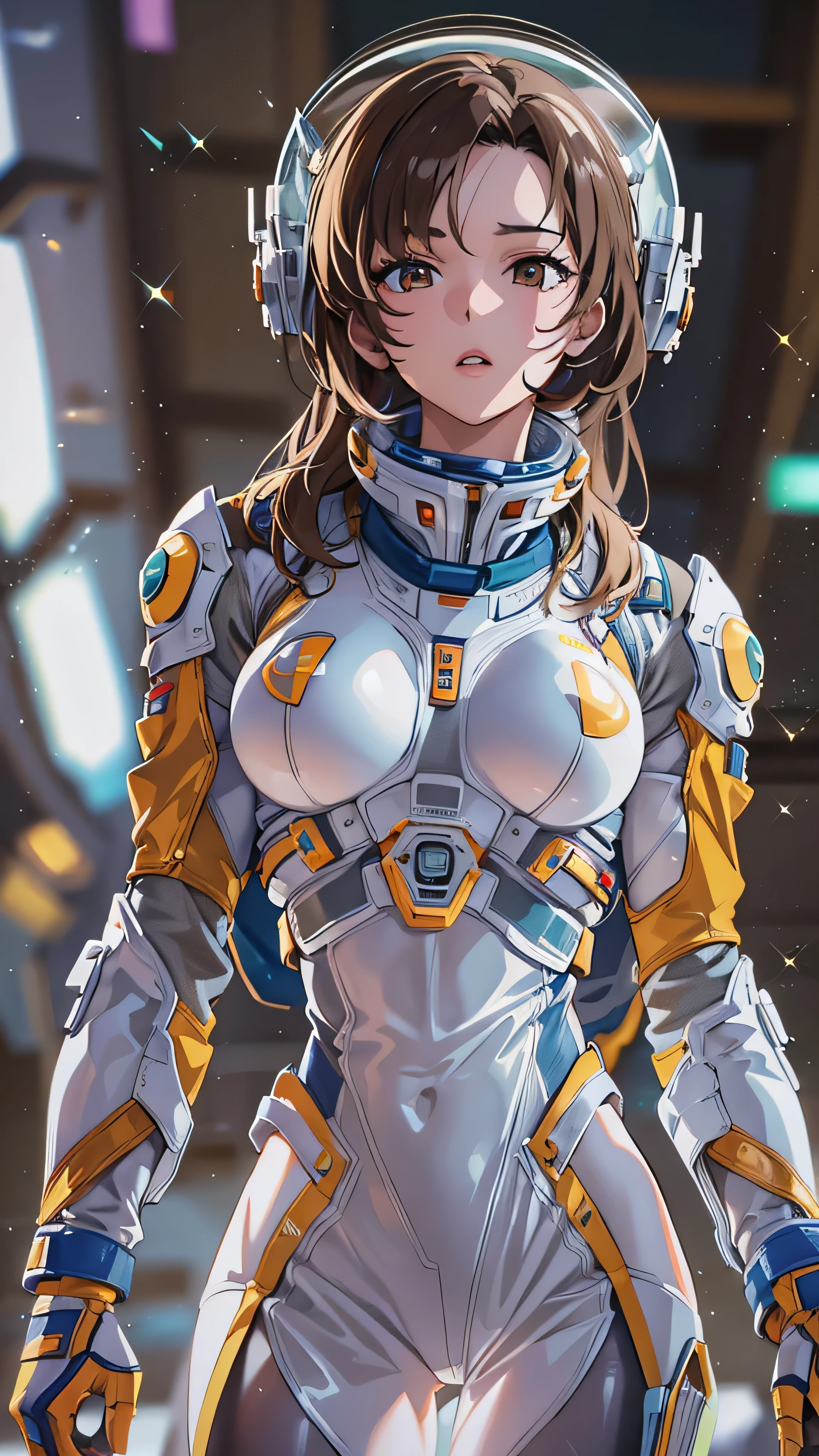 (( top quality )), (masterpiece)), ( Details: 1.4), 3d, An absurd resolution,  high res, (masterpiece: 1.4),  ULTRA DETAIL, 1 beautiful girl, Future woman image, Shiny brown hair,  beautiful brown eyes,  beautiful faces, 20 years old, Spaceship, floating,  small, Space Suit, Spaceship,  window, future,  dynamic pose , Costume Change