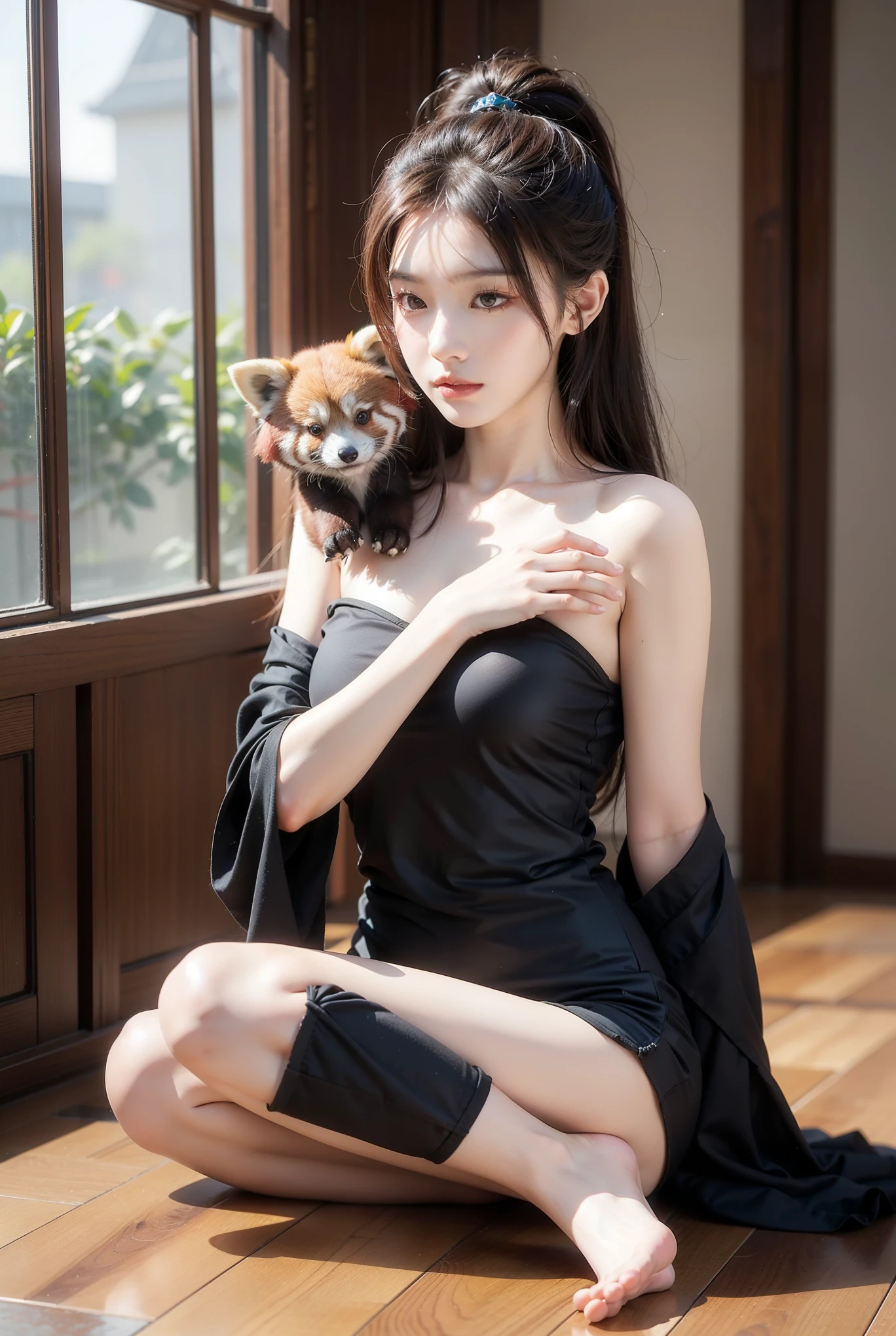 Create a image of a beautiful Asian princess with a red panda on her shoulder. Place a broken Warhammer soldier broken in the floor. 