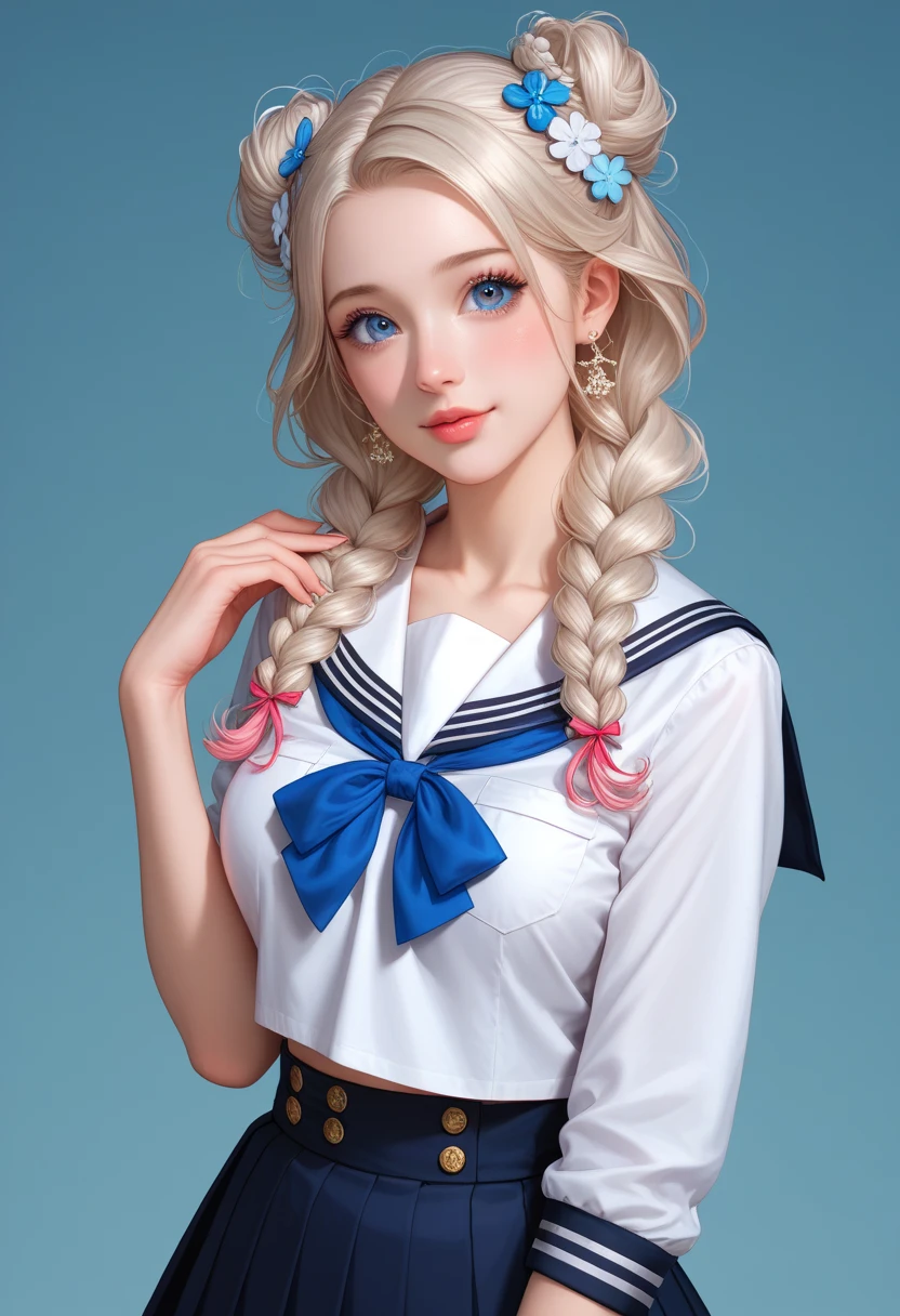 (((Full and soft breasts,)))(((Huge breasts))) (((Cleavage))) (Perfect curvy figure)(((Perfect body,White and tender skin,(((Blue and white sailor suit, Black high heels, There is a bright red bow on the chest))),(((SMU Sasaki Tsukino,#100: Fine and Soft Blonde Hair, Crystal clear and delicate skin, Bright blue big eyes, Thin cherry lips,,))),((masterpiece)),high resolution,((Best quality at best)),masterpiece,quality,Best quality,((( Exquisite facial features,Looking at the audience,There is light in the eyes,(((Ha ha,Happy)))))),(((Light and Shadow,Huge breasts,))),(((Looking at the camera,black background,Close-up of face))))