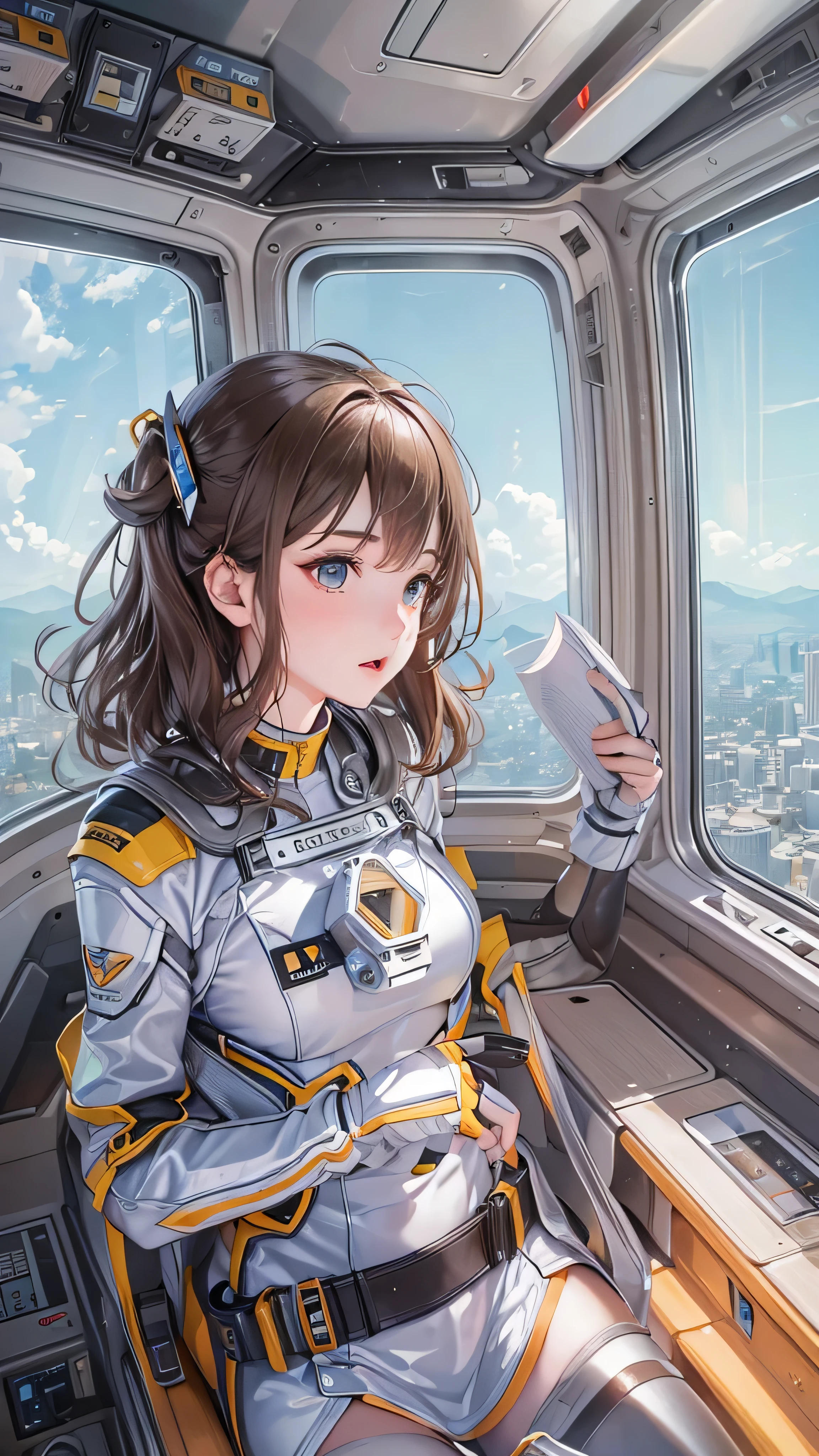 (( top quality )), (masterpiece)), ( Details: 1.4), 3d, An absurd resolution,  high res, (masterpiece: 1.4),  ULTRA DETAIL, 1 beautiful girl, Future woman image, Shiny brown hair,  beautiful brown eyes,  beautiful faces, 20 years old, Spaceship, floating,  small, Space Suit, Spaceship,  window, future,  dynamic pose , Costume Change