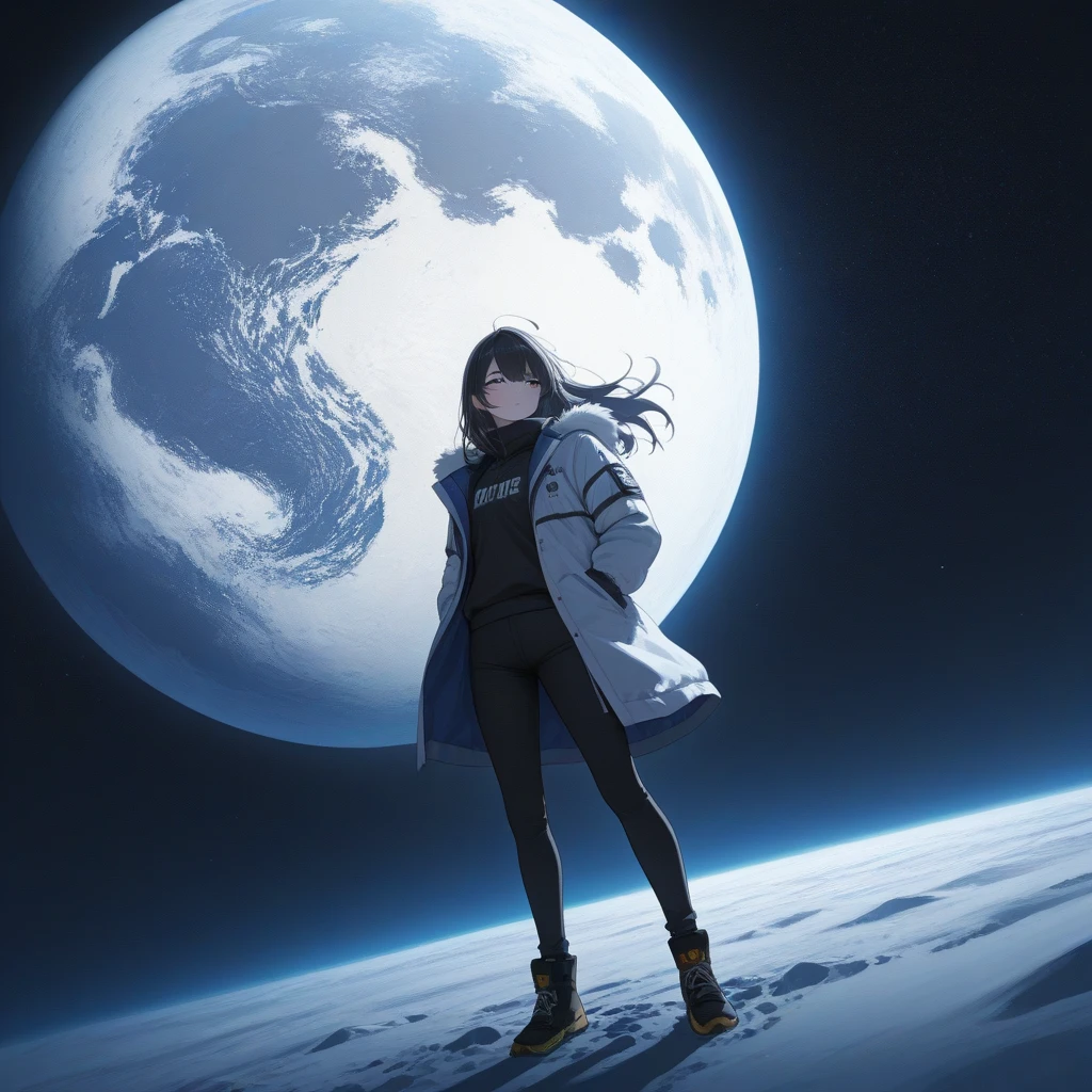 a woman standing on the moon and looking on earth