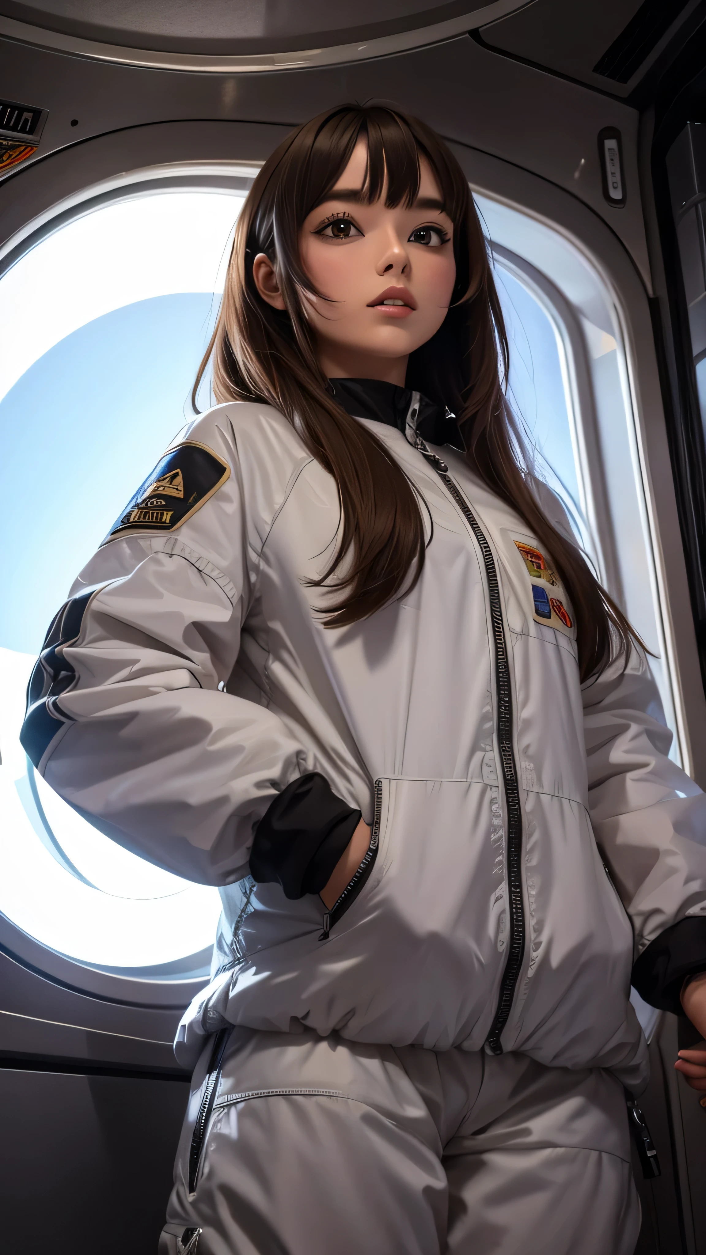 (( top quality )), (masterpiece)), ( Details: 1.4), 3d, An absurd resolution,  high res, (masterpiece: 1.4),  ULTRA DETAIL, 1 beautiful girl, Future woman image, Shiny brown hair,  beautiful brown eyes,  beautiful faces, 20 years old, Spaceship, floating,  small, Space Suit, Spaceship,  window, future,  dynamic pose , Costume Change