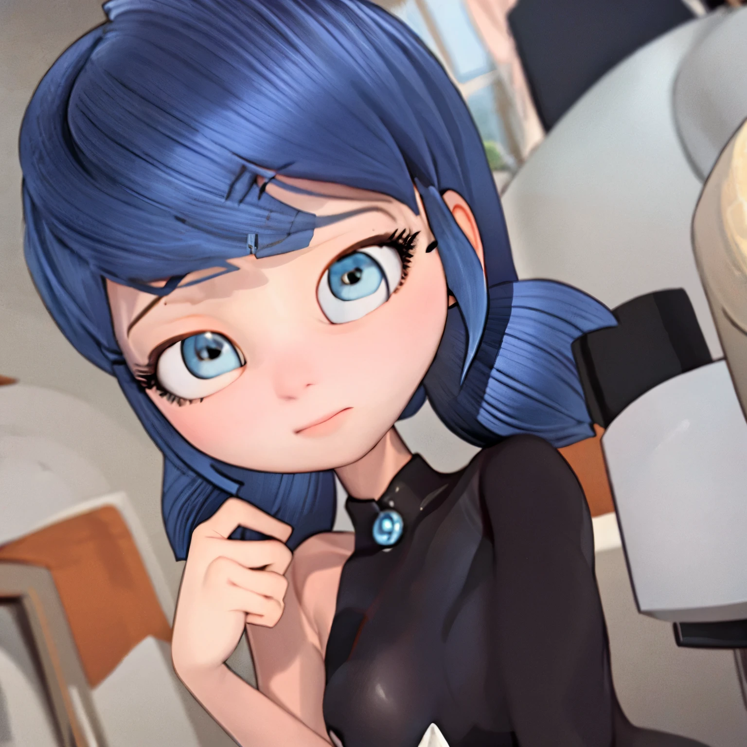 Blue hair, blue eyes, big breasts, naked, small pussy.