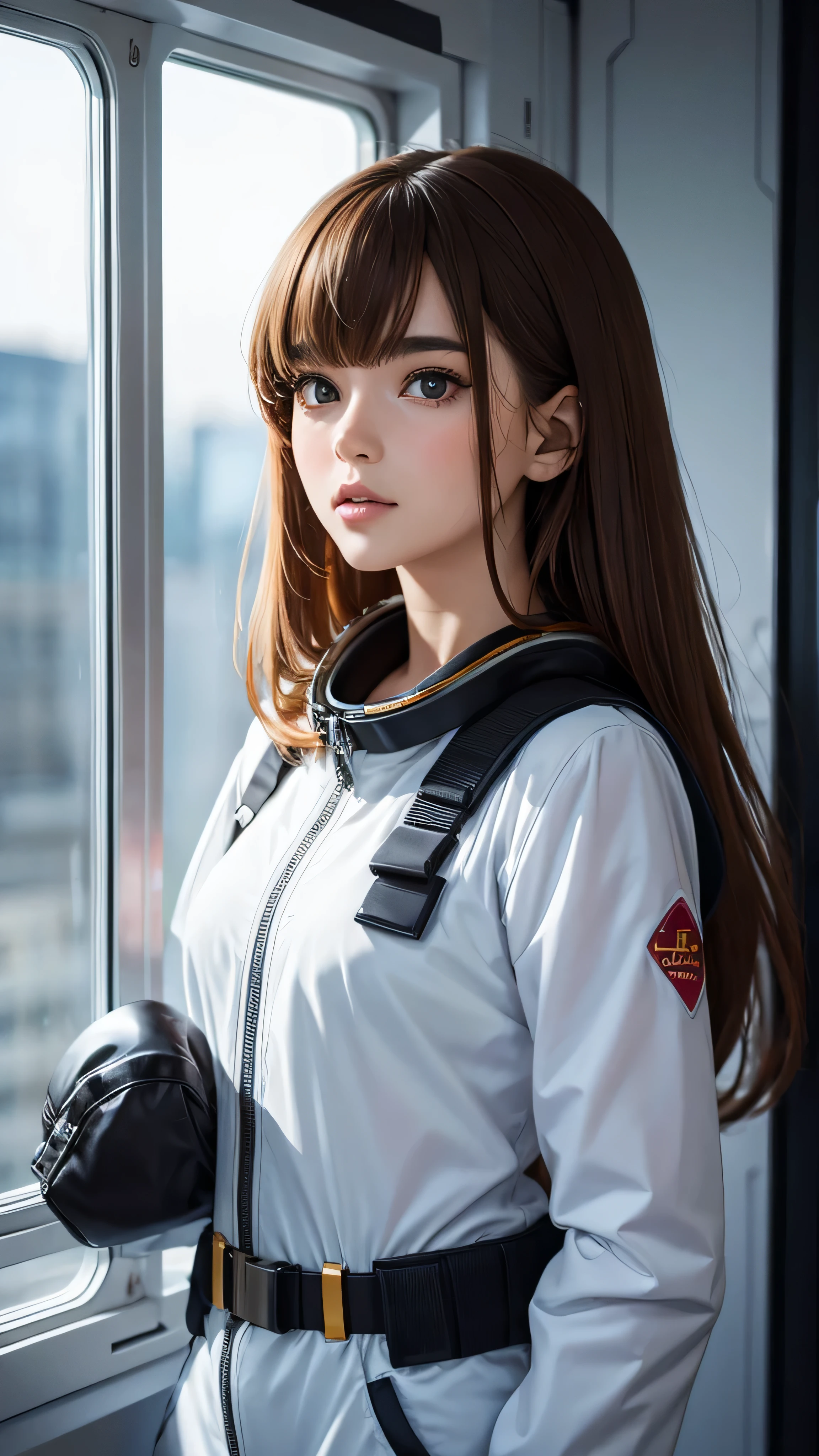 (( top quality )), (masterpiece)), ( Details: 1.4), 3d, An absurd resolution,  high res, (masterpiece: 1.4),  ULTRA DETAIL, 1 beautiful girl, Future woman image, Shiny brown hair,  beautiful brown eyes,  beautiful faces, 20 years old, Spaceship, floating,  small, Space Suit, Spaceship,  window, future,  dynamic pose , Costume Change