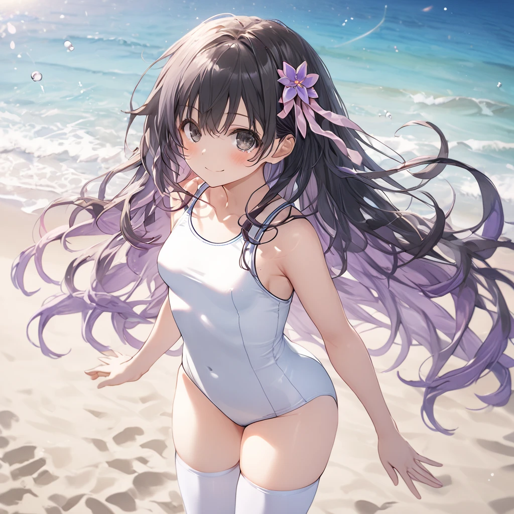 ( 1 girl), black hair:1.5, black eyes,long hair ,sidelocks,smile,blush, ( small tits:1.5), hoodie、(white school swimsuit:1.5),(Thighs:1.5),(white thigh high :1.5),stand、sea、 sandy beach、front、 cowboy shot、( perfect anatomy ),( best quality), ( ultra hi-res), (超 high definition ), ( Highly Detailed CG), (32K), (masterpiece)、eyesHD、break,Nepgear,