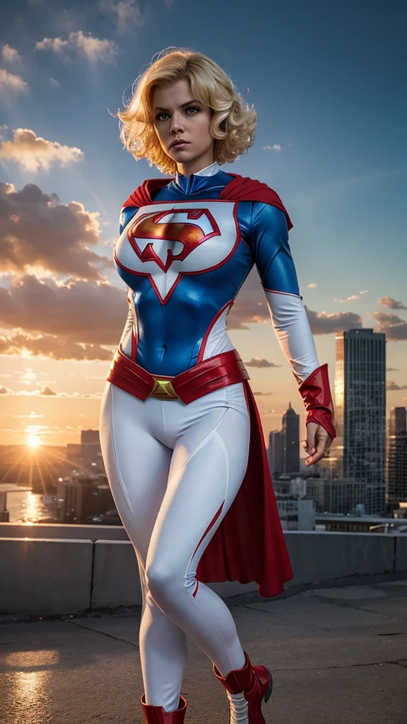 4k, realistic, charismatic, very detailed, there is a girl in the sky, dressed in a super girl costume, she is a super girl, superhero theme, blonde short hair, ponytail, 20 years, full body, (detail in the eyes), (detail in the face), incredibly beautiful, blue eyes, blush, makeup, red lipstick, miniskirt, (wide hips), (thick thighs), small breasts, dress,, seductive pose, (extreme hourglass figure), thin, svelte, white skirt, boots, tight t-shirt