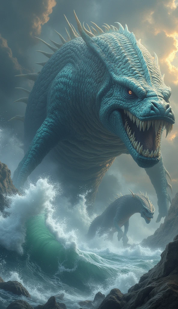 A giant sea monster, Leviathan, emerging from a turbulent ocean. Its glistening scales, sharp claws, and massive body dominate the scene, surrounded by crashing waves under a stormy sky. A biblical and ancient atmosphere, evoking awe and fear.