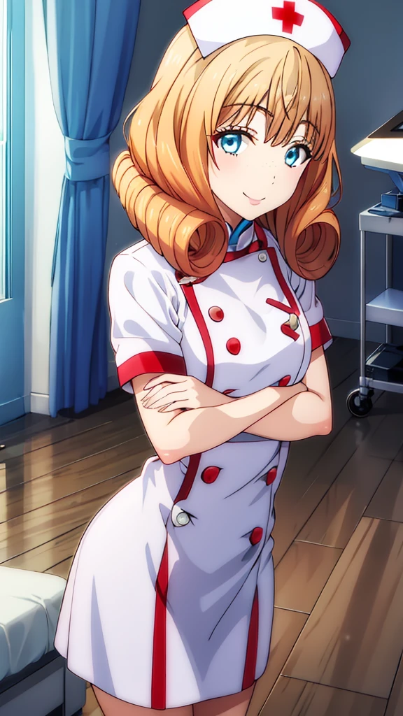 1girl, solo, nurse, nurse cap, white nurse uniform, ((white legwear, zettai ryouiki)), white gloves, very short hair, orange hair, smile, open mouth, standing, ((hospital room)), sharp outline, short sleeves, tomboy, boyish, best quality, masterpiece