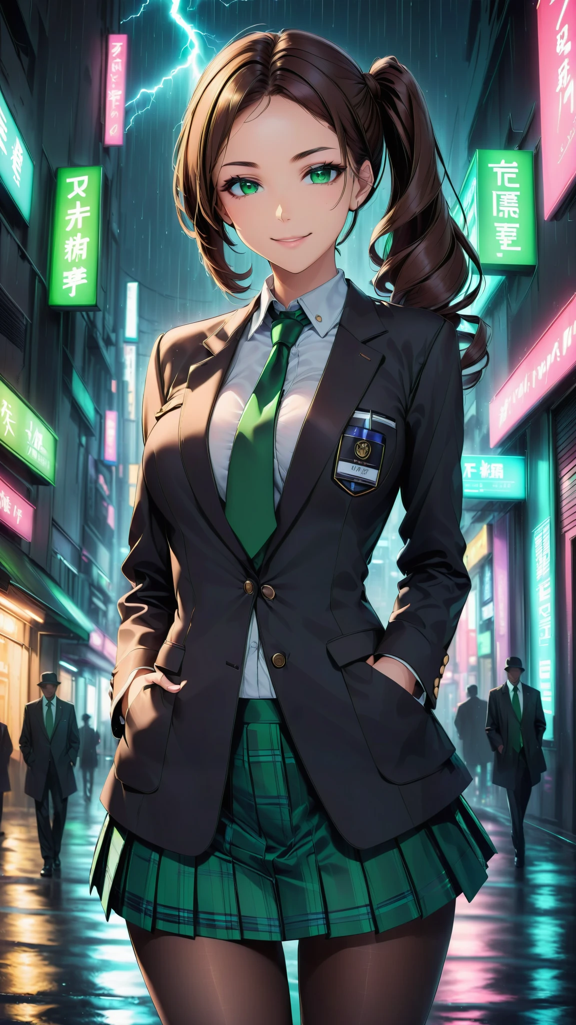 score_9, score_8_up, score_7_up, source_anime, Best Quality, Beautiful face, shiny skin,Thin Nose, high nose, slender, high contrast, cinematic-lightning, Enhance colors to maximum saturation, cowboy shot, high contrast, cinematic-lightning, Enhance colors to maximum saturation, 1girl, detailed eyes, green eyes, slightly smile, detailed semi-long hair, dark brown silky hair, forehead, sliced back hair, side ponytail, contrapposto, Captivating thighs, uniform, brown blazers, (hads in pocket, unbutton), Green tie, Plaid Pleated Skirt, black tights, rainy cyber city, at night