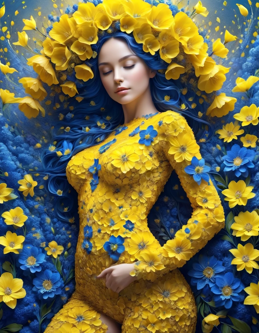  woman , made from yellow and blue flowers,hips, very detailed , realistic, realistic,studio photo, very detailed , dynamic , cinematic , masterpiece fails, intricate,HDR,abstract fractal,  romantic atmosphere, Award winning photo