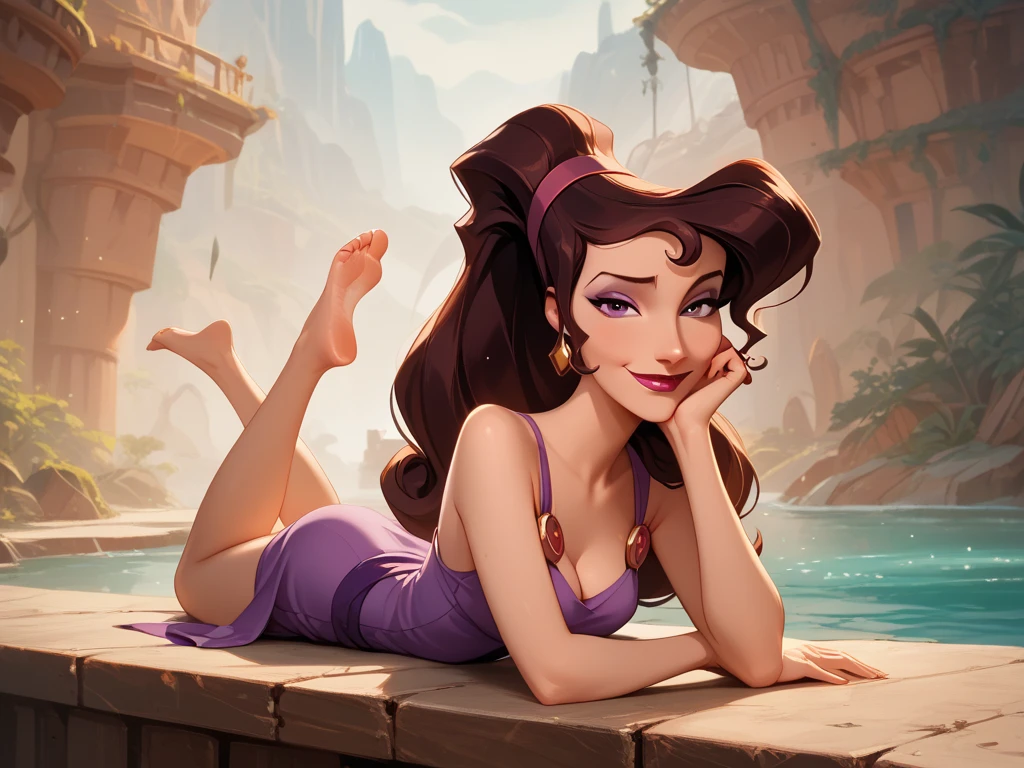 score_9, score_8_up, score_7_up, score_6_up, cinematic film still, 1girl, Full nude body view, BREAK Megara,1girl, solo, brown hair, purple headband, ponytail, thin face, naked, naughty face, small-medium beautiful feet, Disney 3D render, ((Megara wearing a tight purple minidress,  stiletto open toes, modeling in a sexy pose, looking seductivrly at viewer, (Megara's face exactly as original Disney character),