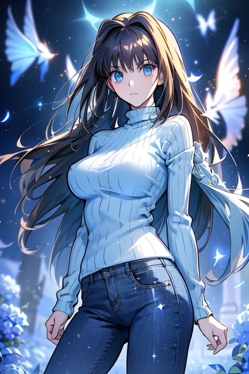 with brown hair、 green eyes、 waist anatomically correct, masterpiece,  touch very long hair ,  shiny hair ,  hair fluttering in the wind,  big breasts, light blue high neck knitted sweater、 legs out of frame ,  dutch angle,  Moving Poses 、 jeans、 Killing a Virgin Knitted Sweater、 Blue Glowing Field 、Shining White Garden 、 sky full of stars、 Blue Moonlight 