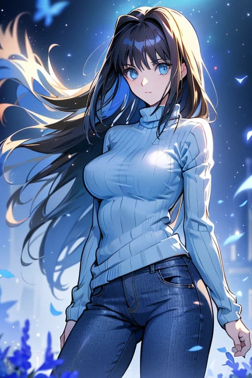 with brown hair、 green eyes、 waist anatomically correct, masterpiece,  touch very long hair ,  shiny hair ,  hair fluttering in the wind,  big breasts, light blue high neck knitted sweater、 legs out of frame ,  dutch angle,  Moving Poses 、 jeans、 Killing a Virgin Knitted Sweater、 Blue Glowing Field 、Shining White Garden 、 sky full of stars、 Blue Moonlight 