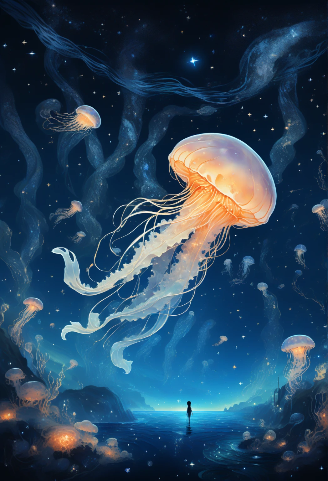 1girl in,Arien_Fighty Tail,Fantastic world,Jellyfish,starry sky under the sea,