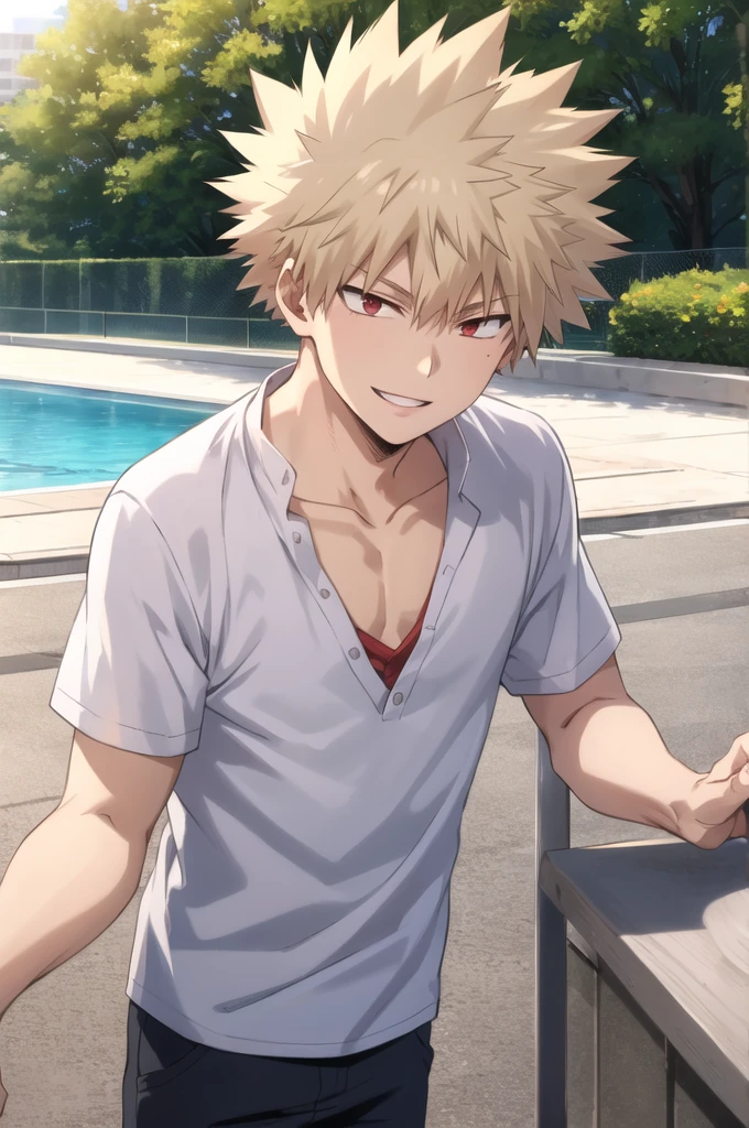 <lora:bakugo:1> bakugo katsuki,red eyes, blonde hair, short hair,1boy,solo focus, spiked hair, summer attire, parted lips, collarbone, , outdoors, smile