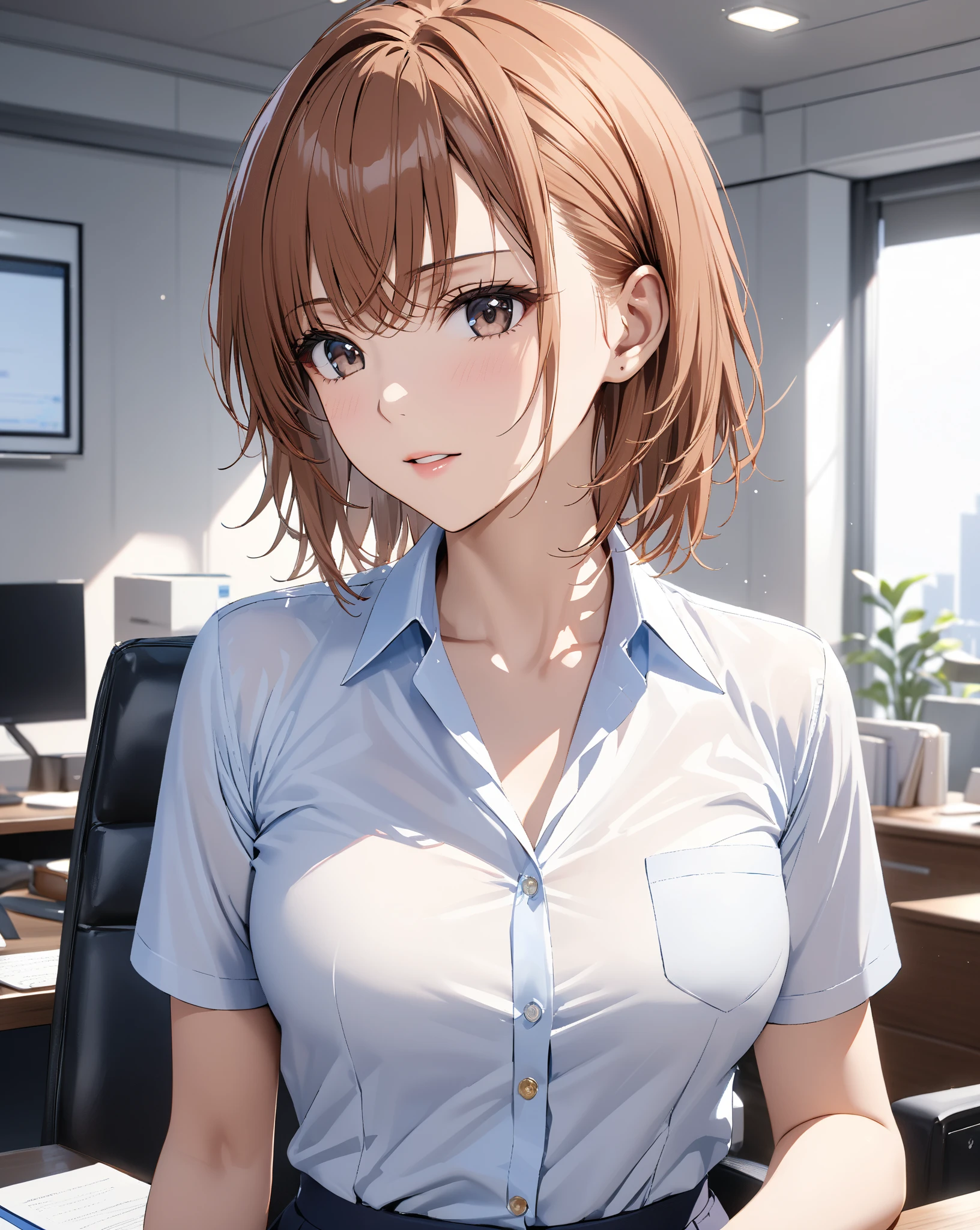 The background is a conference room、wall