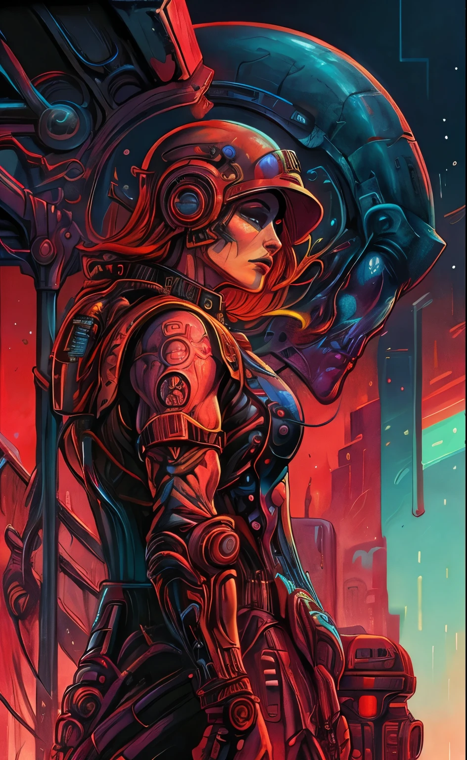 wearing a futuristic helmet 、 Closeup of woman wearing red lipstick, Cyberpunk Jackie Wells , [cgsociety 9, style = retrofuturism , Muscular Beautiful Android Woman , Portrait of a female bionic , retro futuristic fashion , Still from the movie 《blade runner》, Female Bodybuilder at the Resource Center, Moebius aesthetics, Alien robot movie drama , depicting a sci-fi scene , Bodybuilder Combining Muscles and Mechanics ,Muscle Abs,Muscular thighs