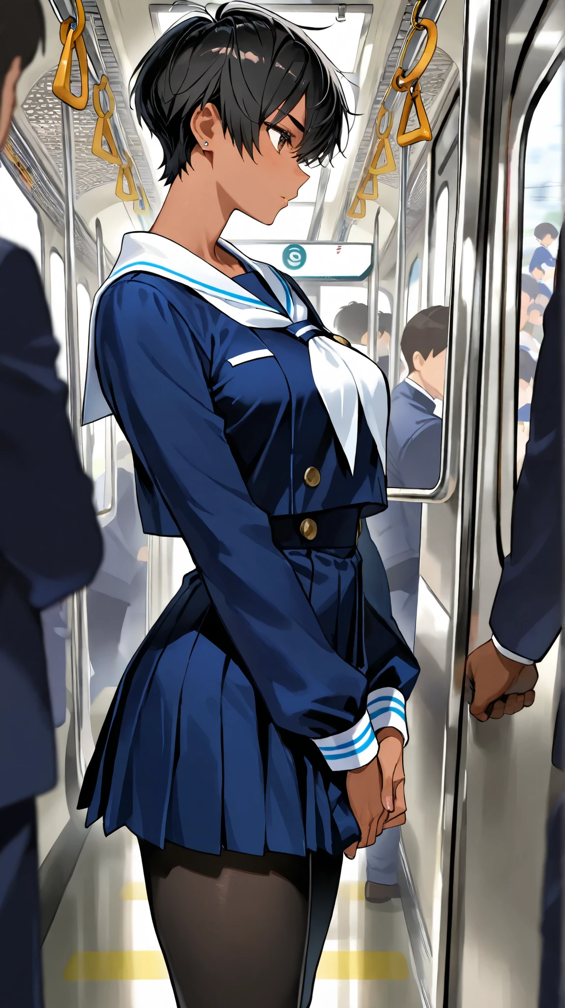 one girl,black hair,Short Hair,tom boy,booty,tanned, Tall, black tights,school uniform,medium breasts, sailor suit, crowded trains near the door,crowd、 in front of the train door with your left hand、Grab the hanging ring 