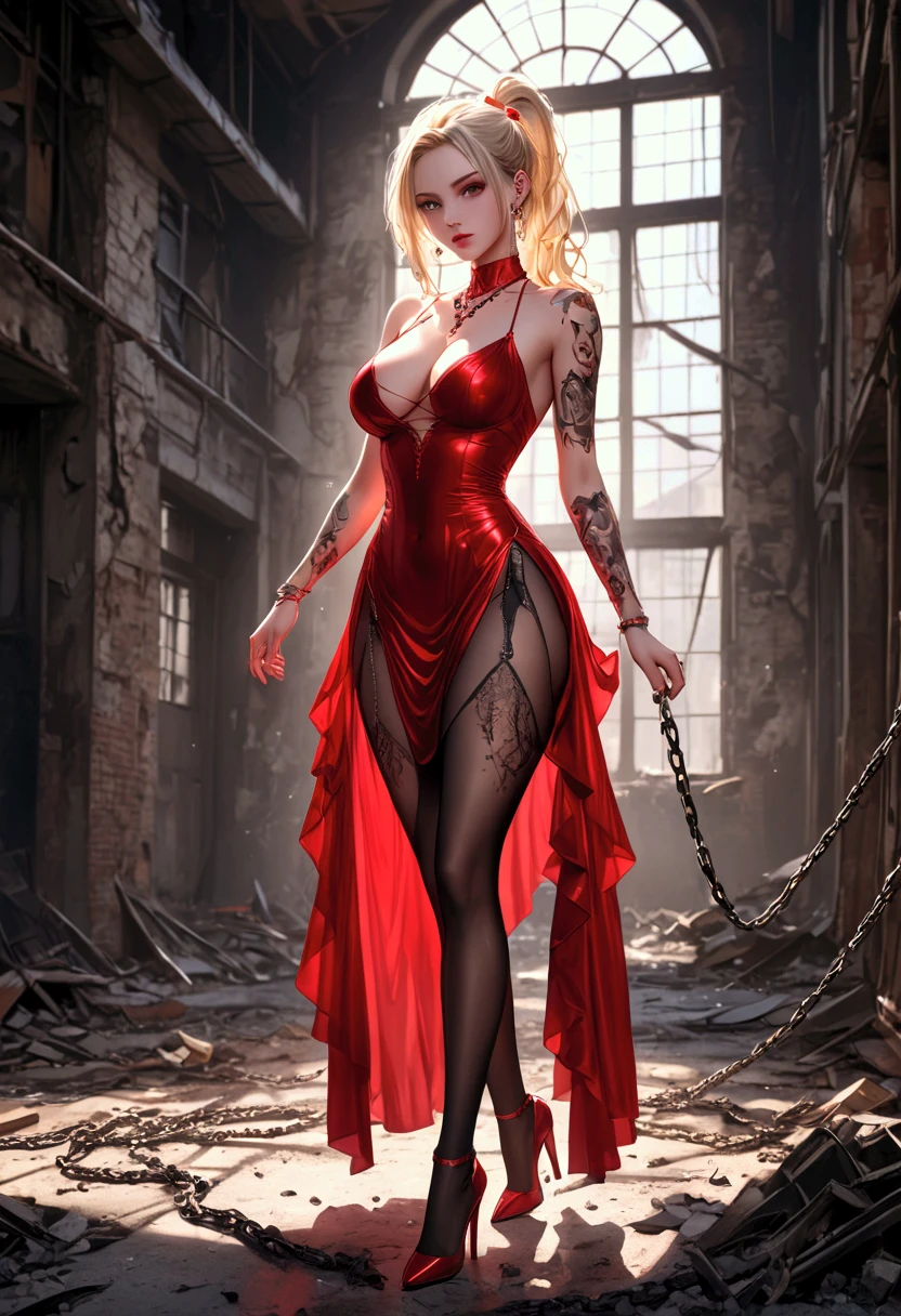 Impressive female portrait depicting a woman with long hair, Light blonde hair with lots of vibrant red highlights, cute, Very luxurious, Creates a unique two-tone effect, Long hair ponytail. Her big, Sharp, red, bloodshot eyes staring intensely, Lovely, Adds an unsettling yet seductive presence. Dressed formally, Her body is adorned with numerous intricate tattoos., The face has a prominent moon design on it.. Full Body Shot, Cowboy Shot. Symmetrical female features and malevolence, A big smile conveys badness, Ominous attitude, In the Dark, Cityscape Background, With a mysterious dress, Gold ornaments,
