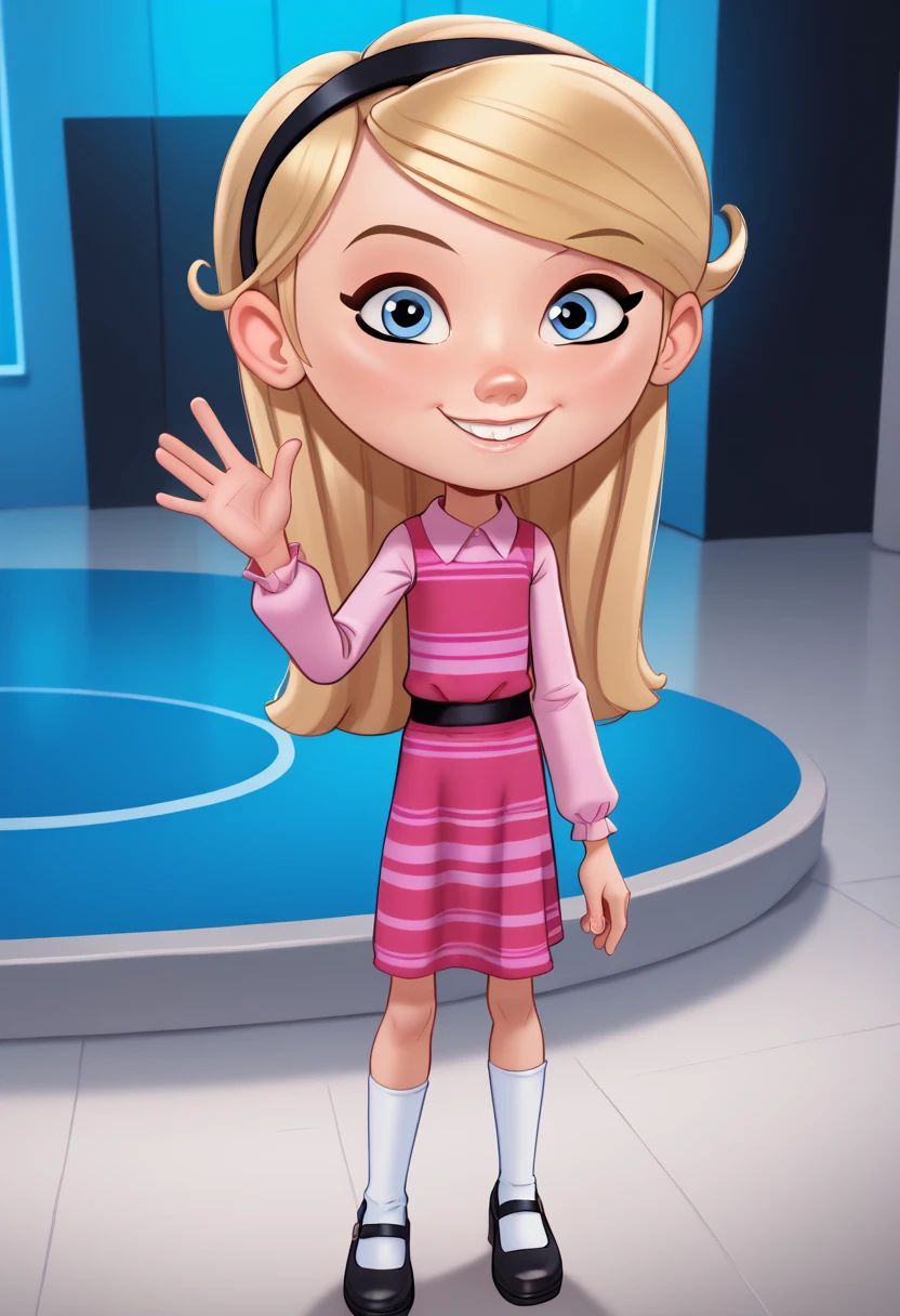 mesogts, macrogts, Andystyle, 1girl, full body, solo, penny peterson, long hair, blue eyes, 3d, blonde hair, skirt, hairband, black hairband, white socks, dress, pink dress, long sleeves, Cute Smile, ((New York)), Waving Her Right Hand, Saying Hello