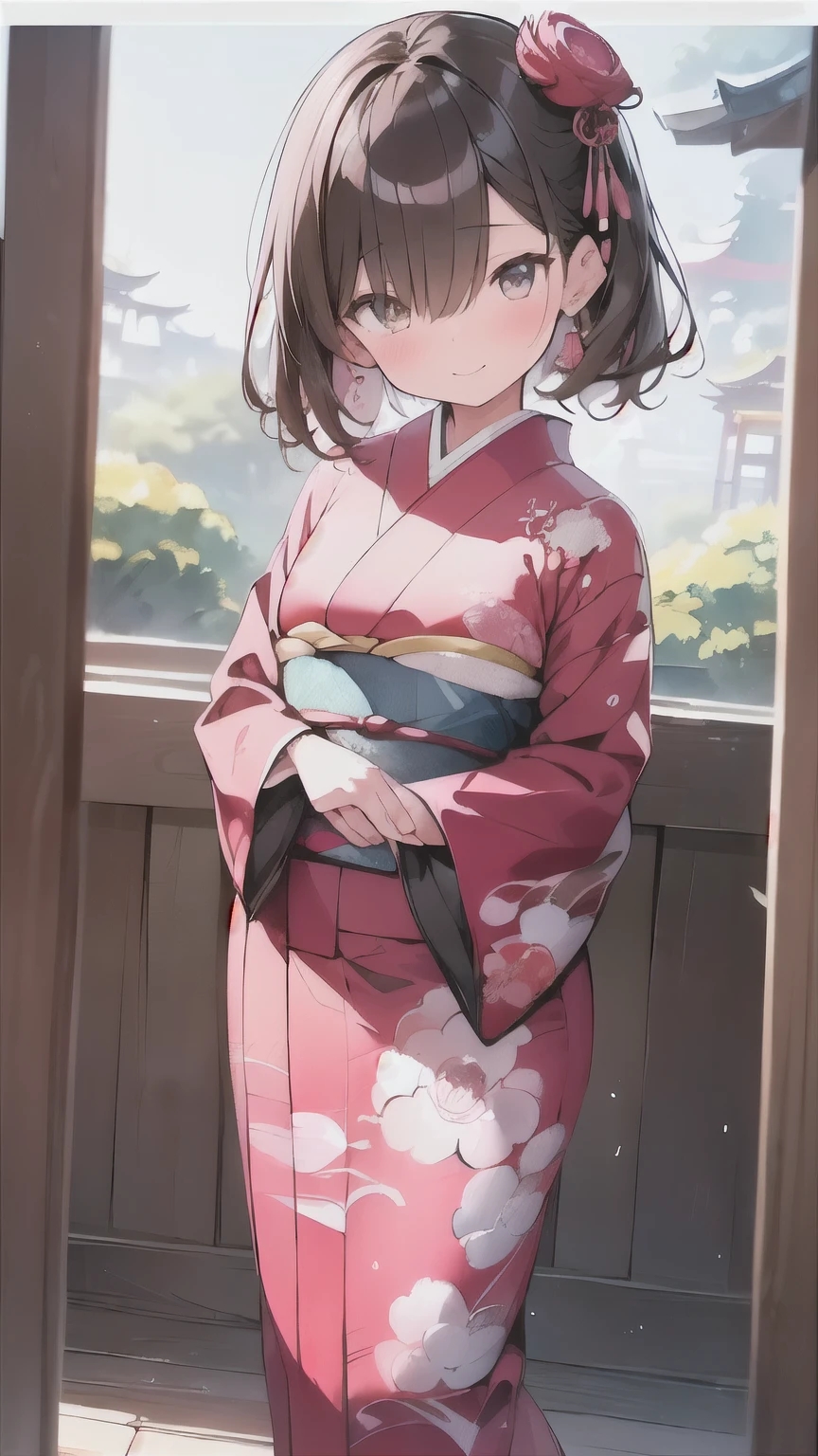 (((New Year's Temples and Shrines 、A girl going on a first visit、Girl wearing a peony pattern furuncle 、 a very gorgeous brightly colored long-sleeved kimono:1.5、 girl drawing an omikuji、Teasing Smile)))、( brown hair short cut、 Beautiful Brown Hair 、(hair over one eye:1.5)、Diagonal bangs:1.5、Keep your head small、 Perfect Face、 Shiny Skin、 clear brown eyes 、 has small breasts、The butt is small)、(((Watercolor)))、 top quality、masterpiece、 ultra high definition、 8k、 show anime style 、 Softline Art 、Digital Enhancement、 shojo anime touch, shojo manga core, flowing fabric 、Soft Drawing、 ultra-fine digital animation art 、 Clear facial depiction、 super detailed girl cartoon character art 、 Ultra-detailed manga style、 top qualityの色