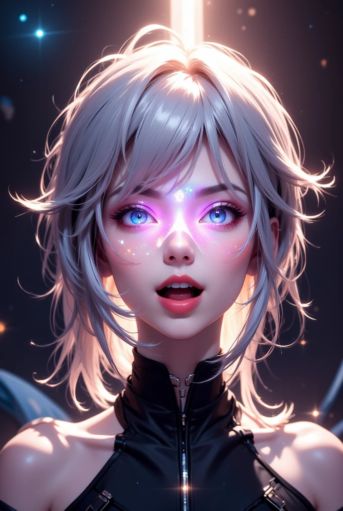 ( take a close-up look at a better masterpiece:1.5)0.9], (Space and astronauts:1.2) (Messy silver hair:1.1) (Yellow Eye Heterochromia and Blue Eye :1.2) (Casque spatial:1.0) (Colored stars in the eyes:1.0) (A radiant glow:1.1) (large lips:0.9)