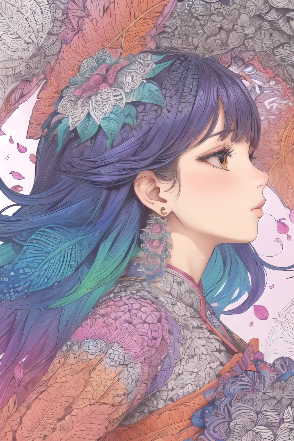 (1girl, solo, from side), extremely detailed, (abstract background, zentangle, fractal art:1.3), (many colors, colorful:1.1), (feathers, petals, flowers:1.3), dynamic pose, earrings