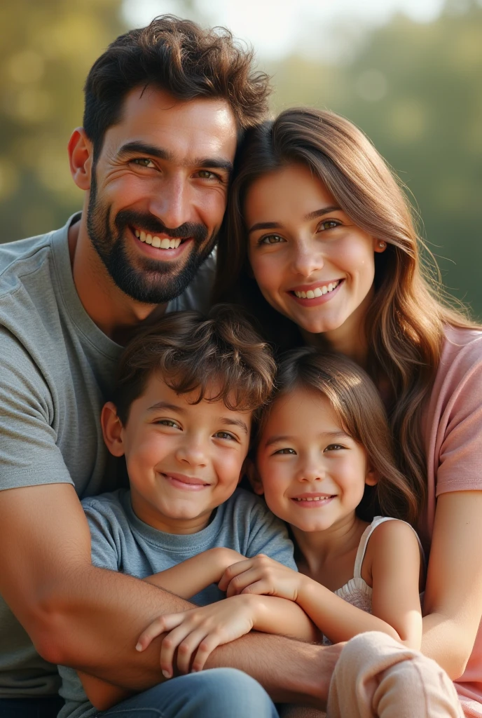 a woman with brown hair and brown eyes next to a man with black hair and green eyes both hugging a girl with black hair and green eyes as well as a boy with brown hair and brown eyes