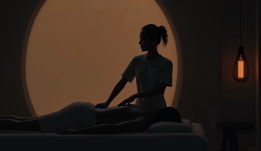 A woman lying on a stretcher covered up to her neck by a blue sheet, receiving exuberant white energy that comes out of the hands of another woman standing on her head. White light comes out of the woman's hands in a beautiful, comfortable room with candles and large Buddha images., incense and a picture of the 7 chakras on the wall