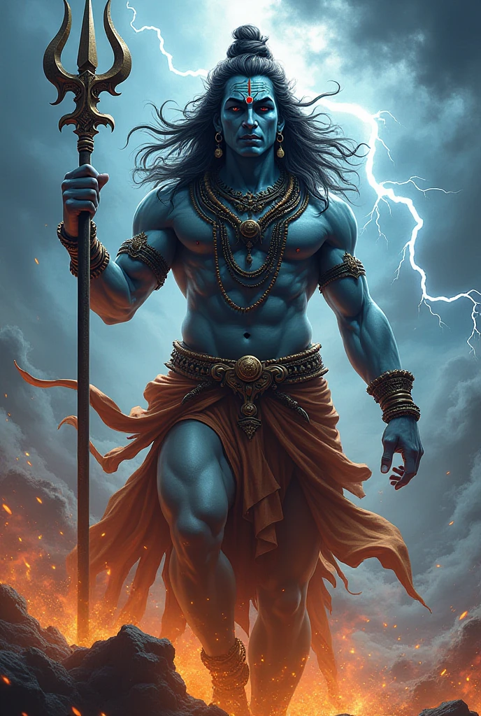 Create a detailed image of Lord Shiva in an intense and aggressive stance, with eyes glowing fiercely. His long, flowing hair is wild, and he is adorned with serpents, rudraksha beads, and ash smeared across his blue skin. He holds a massive trishul (trident) in one hand, its sharp points gleaming, while the other hand is raised in a powerful gesture. The background is a stormy sky, with lightning striking and dark clouds swirling, emphasizing the raw, divine energy radiating from him. His tiger-skin garment flows in the wind, adding to the dynamic and powerful presence.