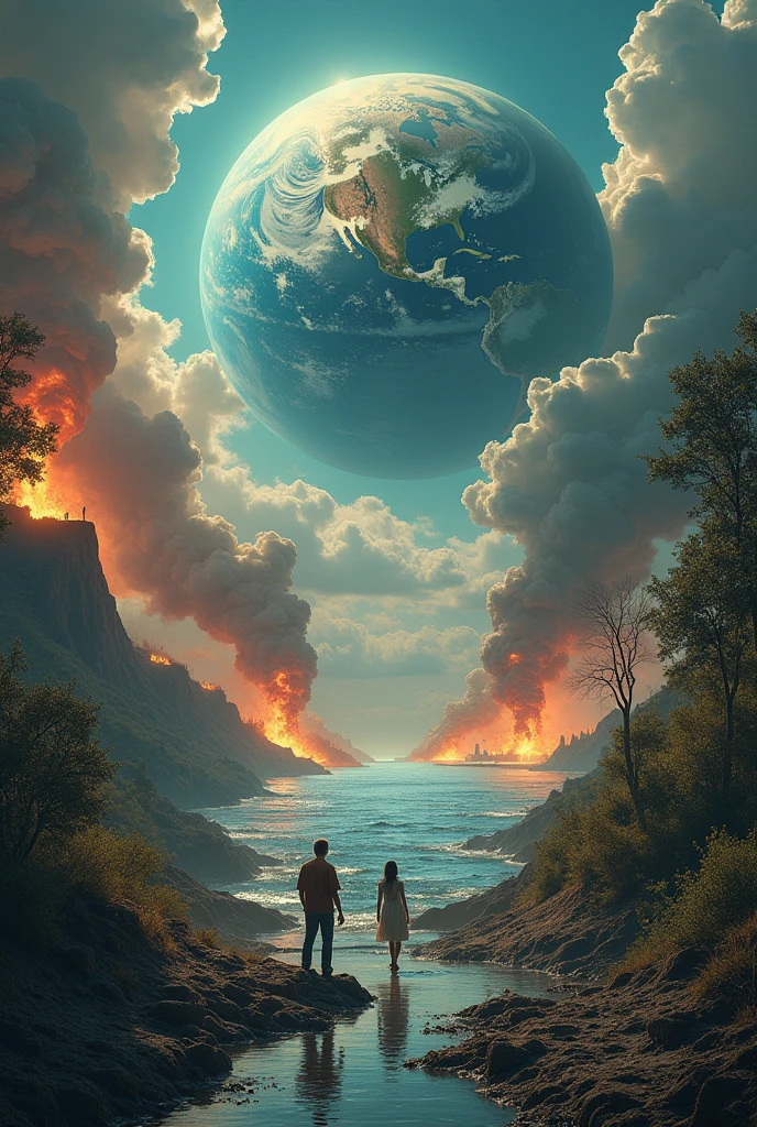 A large chain wrapped around the earth、The Goddess and the Grim Reaper look on from either side.