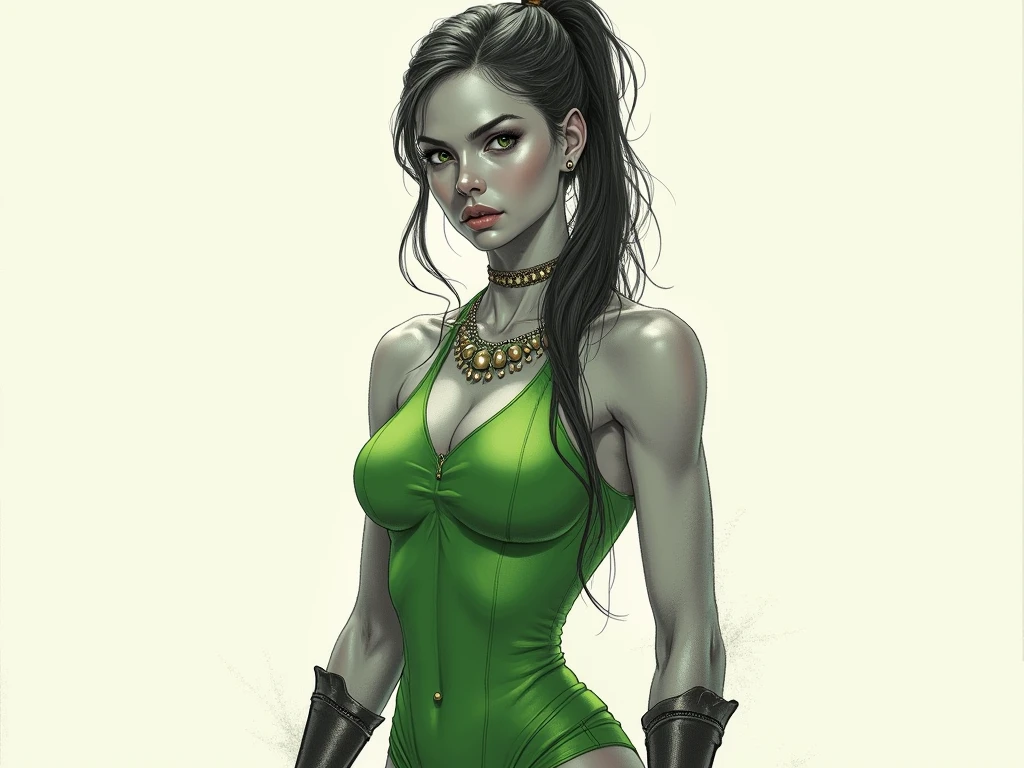 cute and sexy goblin girl, black hair, green eyes, green skin, brown leather clothes, corset, choker, big breasts, serious face, realistic style, outliner, white background, bust, upper body, holding sign "F*ck me"
