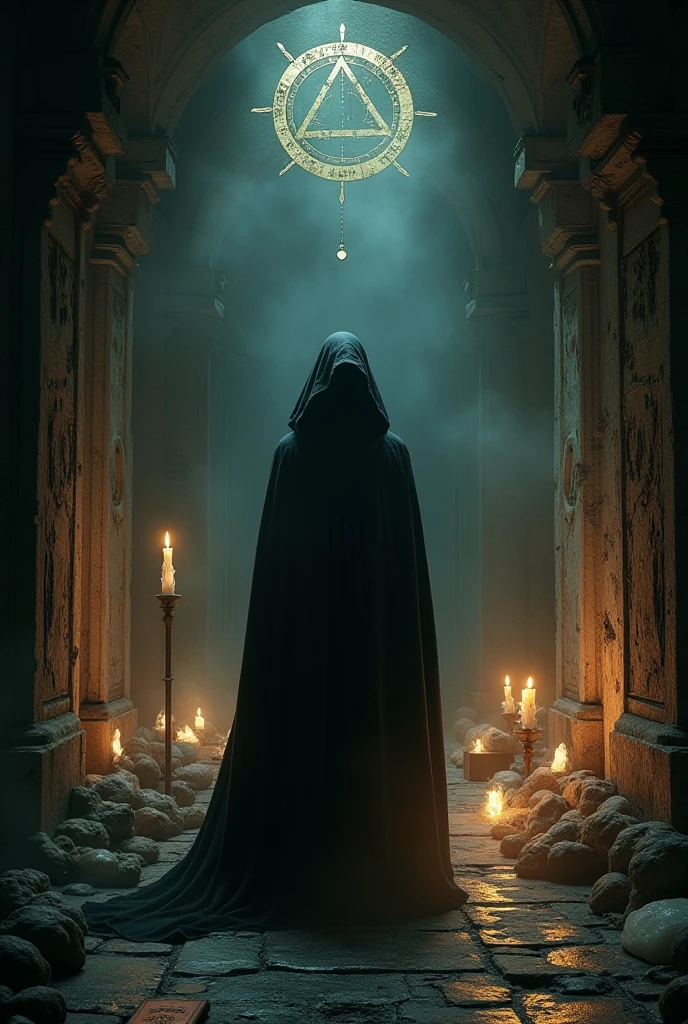 A room that belongs to a depressing wraith, dark, candle light, mood is gloomy, constricting, stifling, despondent, burnout, suffocation, sapping, deflating.