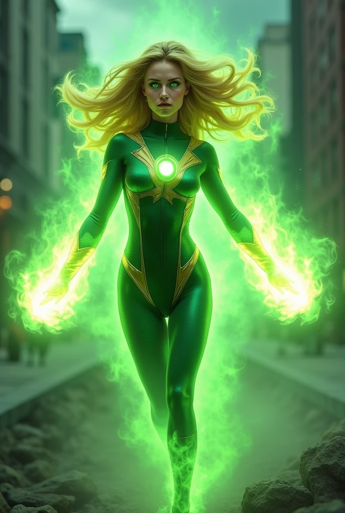 Beautiful supervillain with long blonde hair, glossy black lips, and green eyes destroying New York with her energy powers. Evil female Green Lantern.