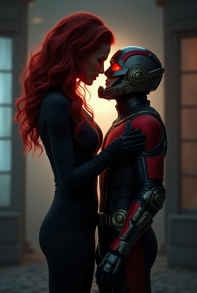 Young boy with red hoodie, headphones and tennis Vs. Scarlett johanson is Black widow (Big tits), power, fiction, full body, 2 person, Romance, Embrace, kiss on the mouth