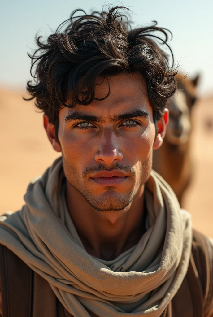A young cute handsome beautiful face white shirtless Arab prince in the desert with camel