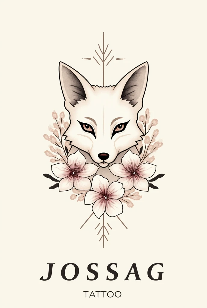 Logo for a female tattoo page with kitsune mask, Japanese flowers with a text that reads JossaG Tatto minimalist